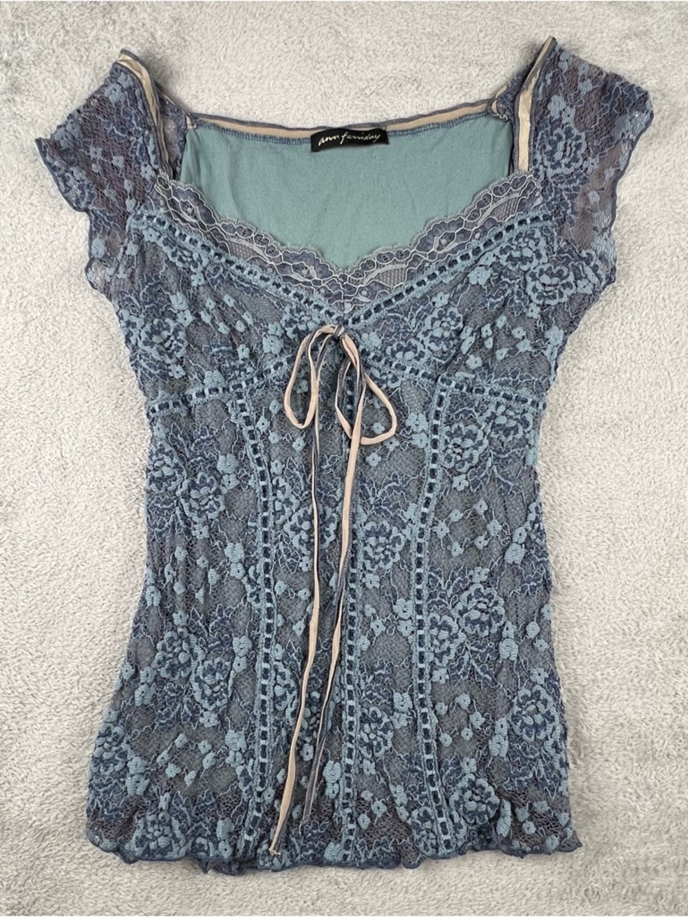 Ann Ferriday Corset Top Lace Ribbon Stretch Y2K Fairy Dark Romantic Blue Small